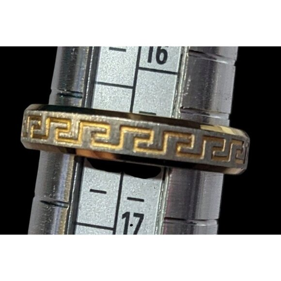 Stainless Steel Greek Key Engraved Gold Tone Fashion Ring Size 6 - Picture 2 of 11